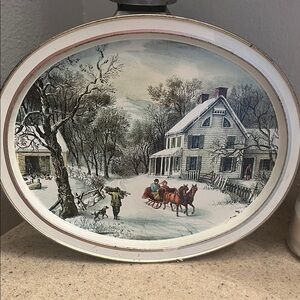 Vintage Currier and Ives 1868 The American Homestead-Winter Scene Oval Tray